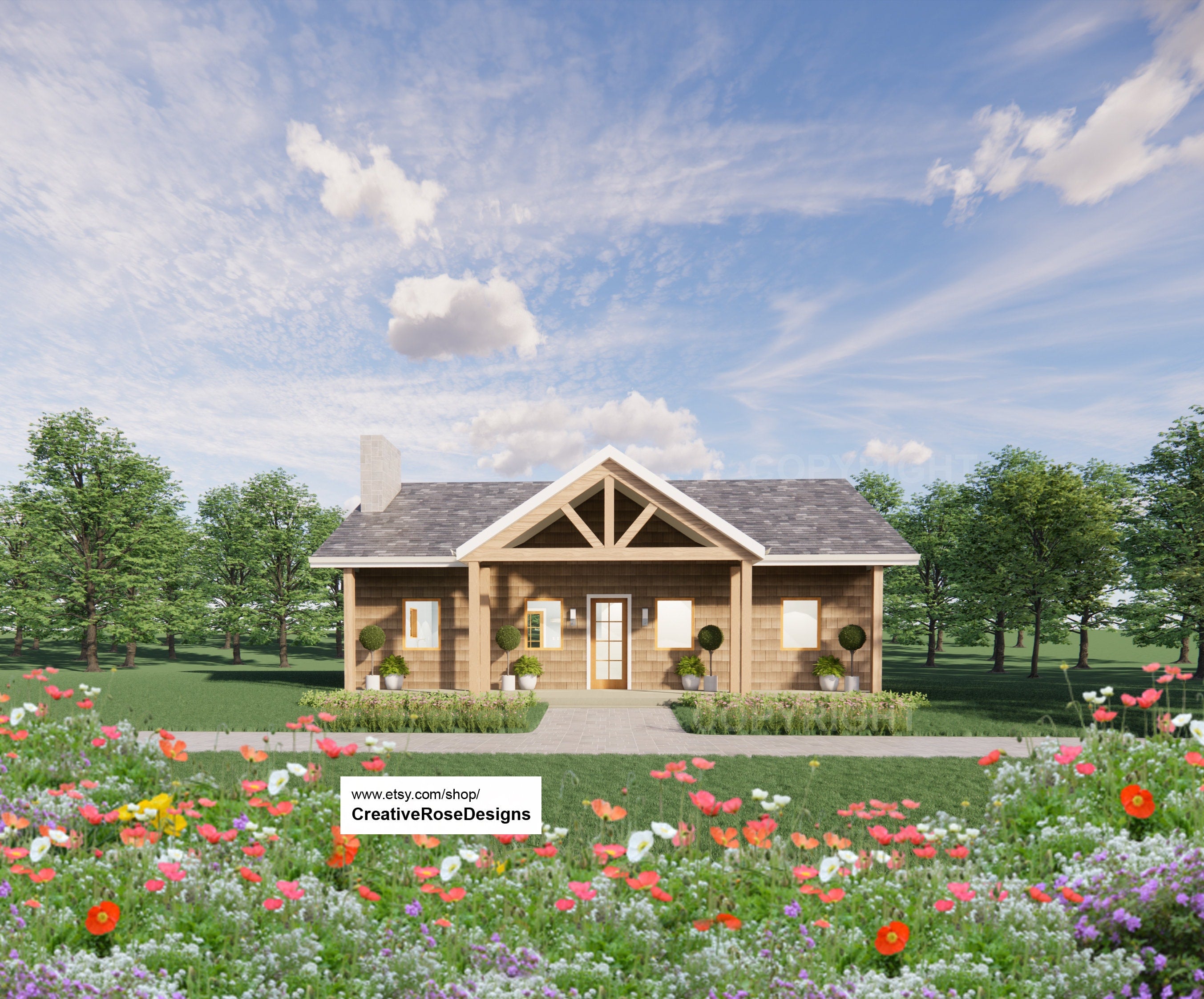 American Cottage House Plan 40x26 - 3 Bed 1040 SF - Custom Home Blueprints