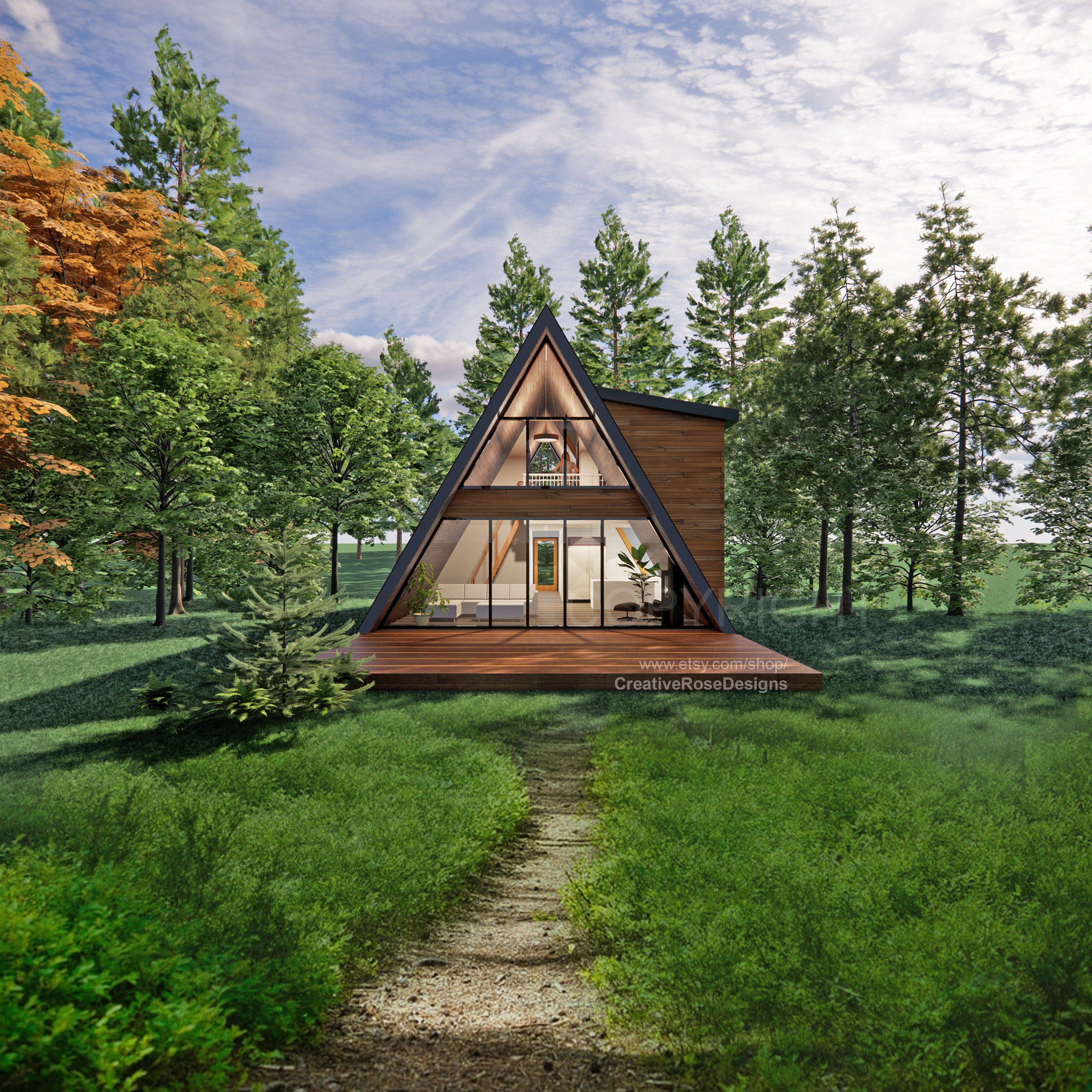 Spacious Sunset Modern A Frame 26' x 40' / Vacation Cabin / A-Frame House Design Concept Plans Blueprint