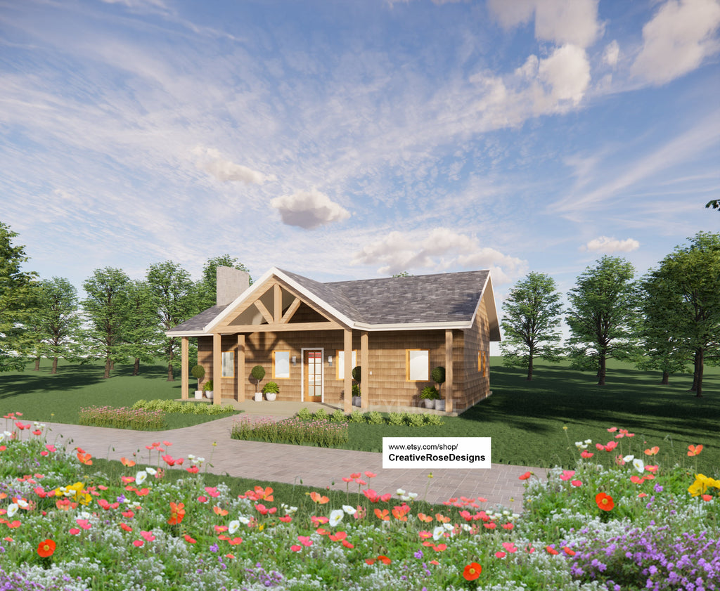 American Cottage House Plan 40x26 - 3 Bed 1040 SF - Custom Home Blueprints