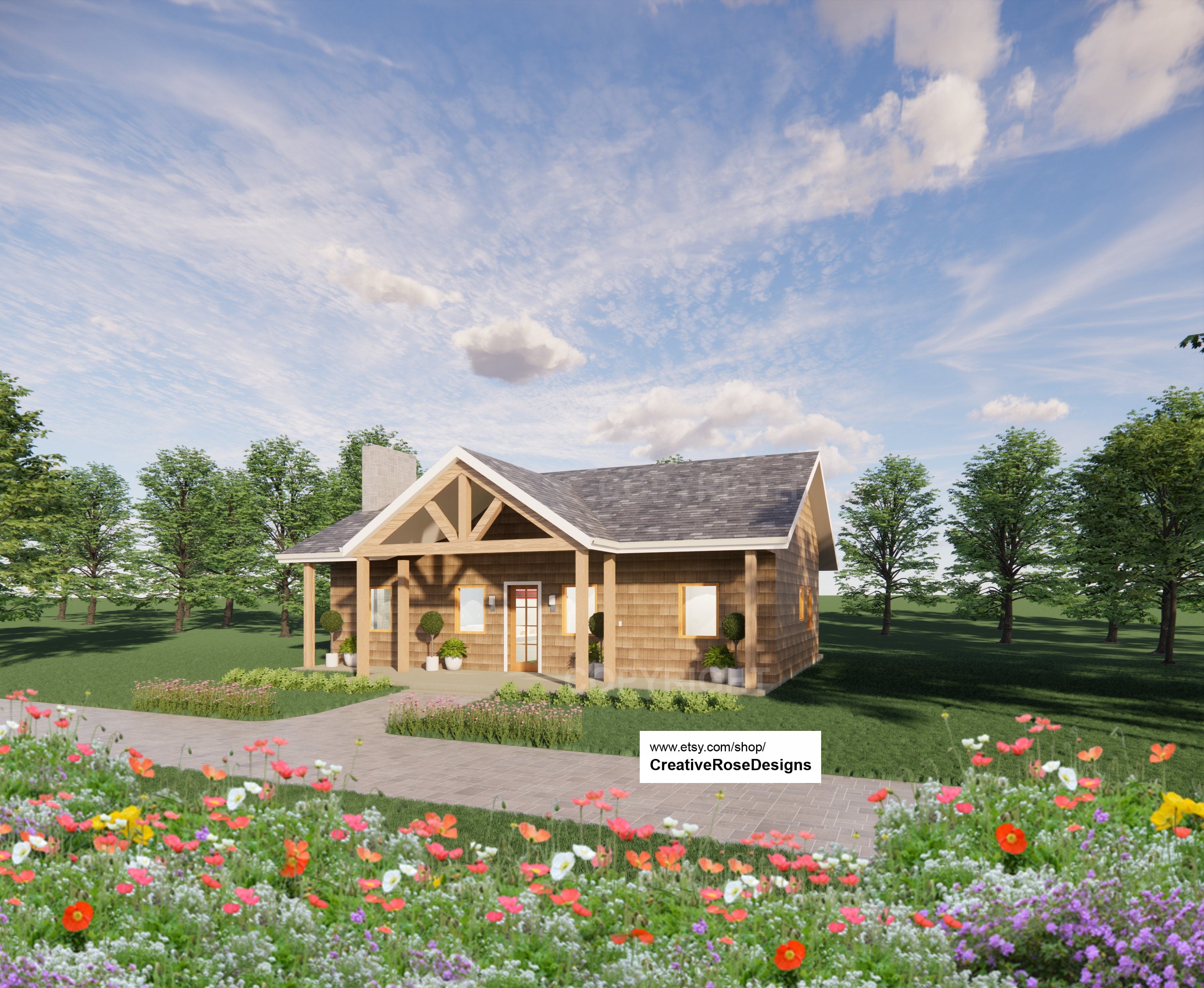 American Cottage House Plan 40x26 - 3 Bed 1040 SF - Custom Home Blueprints