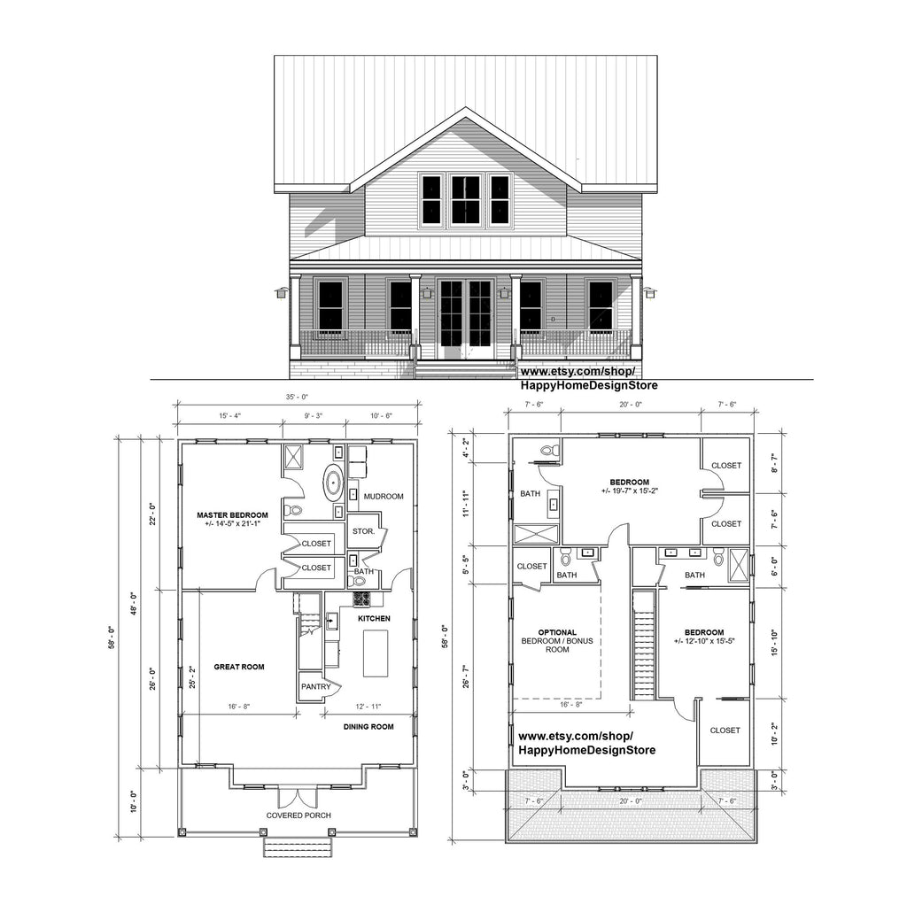 Two Story Farmhouse Plan 4 bed 4 bath (58x35') Custom House Plans and Blueprints