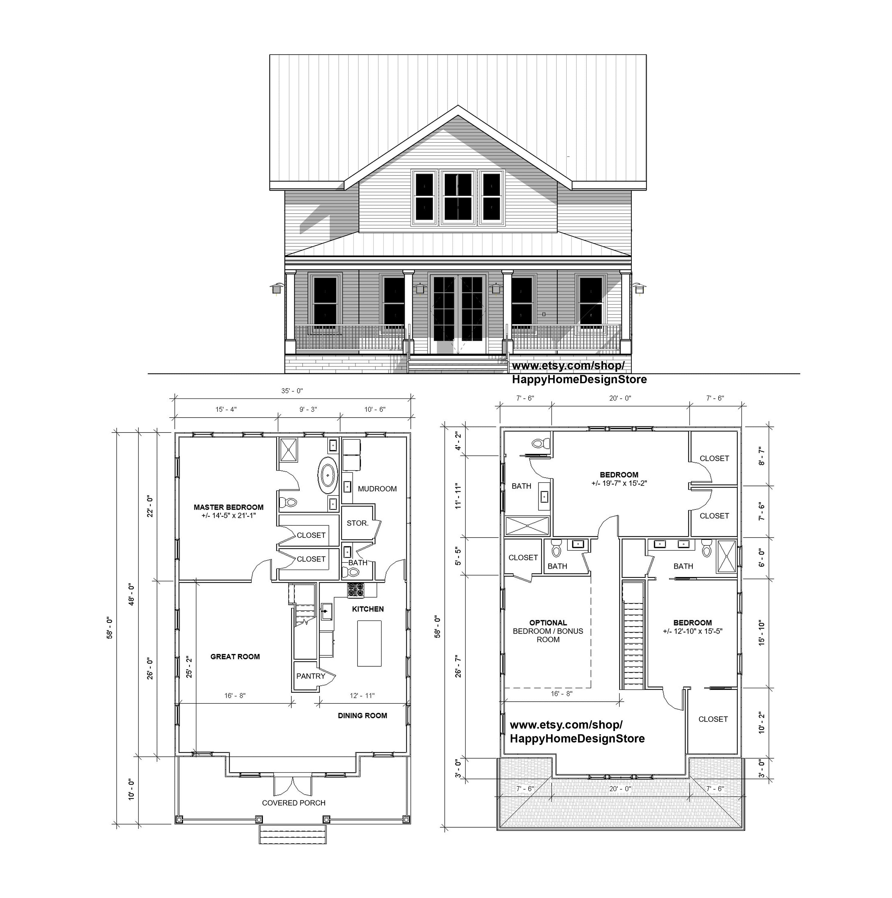 Two Story Farmhouse Plan 4 bed 4 bath (58x35') Custom House Plans and Blueprints