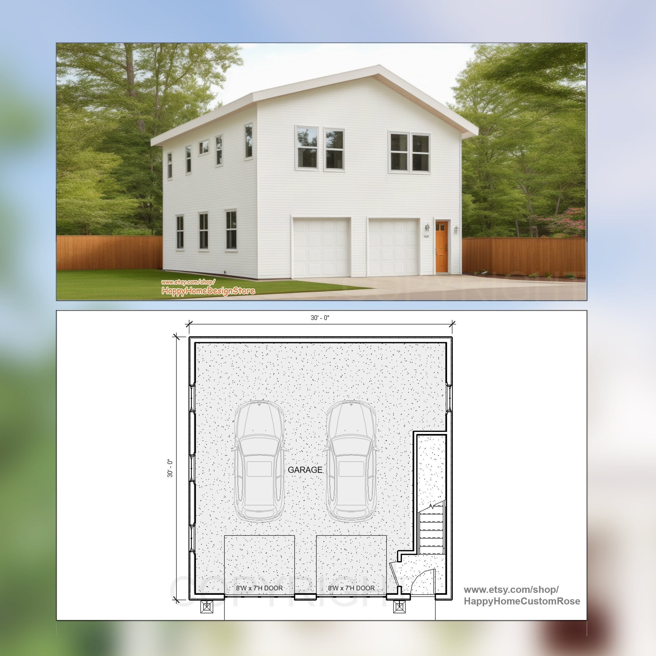 Two Car ADU Garage Apartment 30' x 30' - Architectural Plan with Elevations & Materials - Blueprint Digital PDF