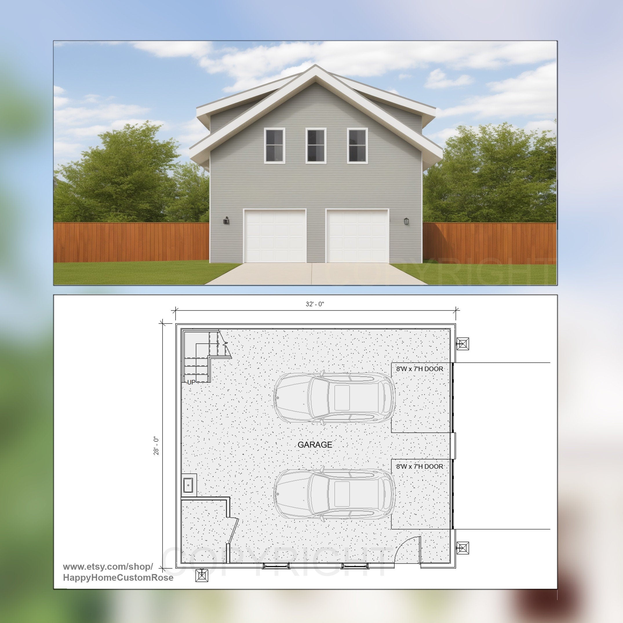 Two Car ADU Garage Apartment 28' x 32' - Architectural Plan with Elevations & Materials - Blueprint Digital PDF
