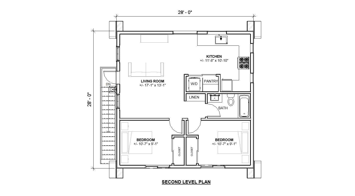 Two Car ADU Garage Loft 28'x28' Architectural Plans - Blueprint Digital PDF