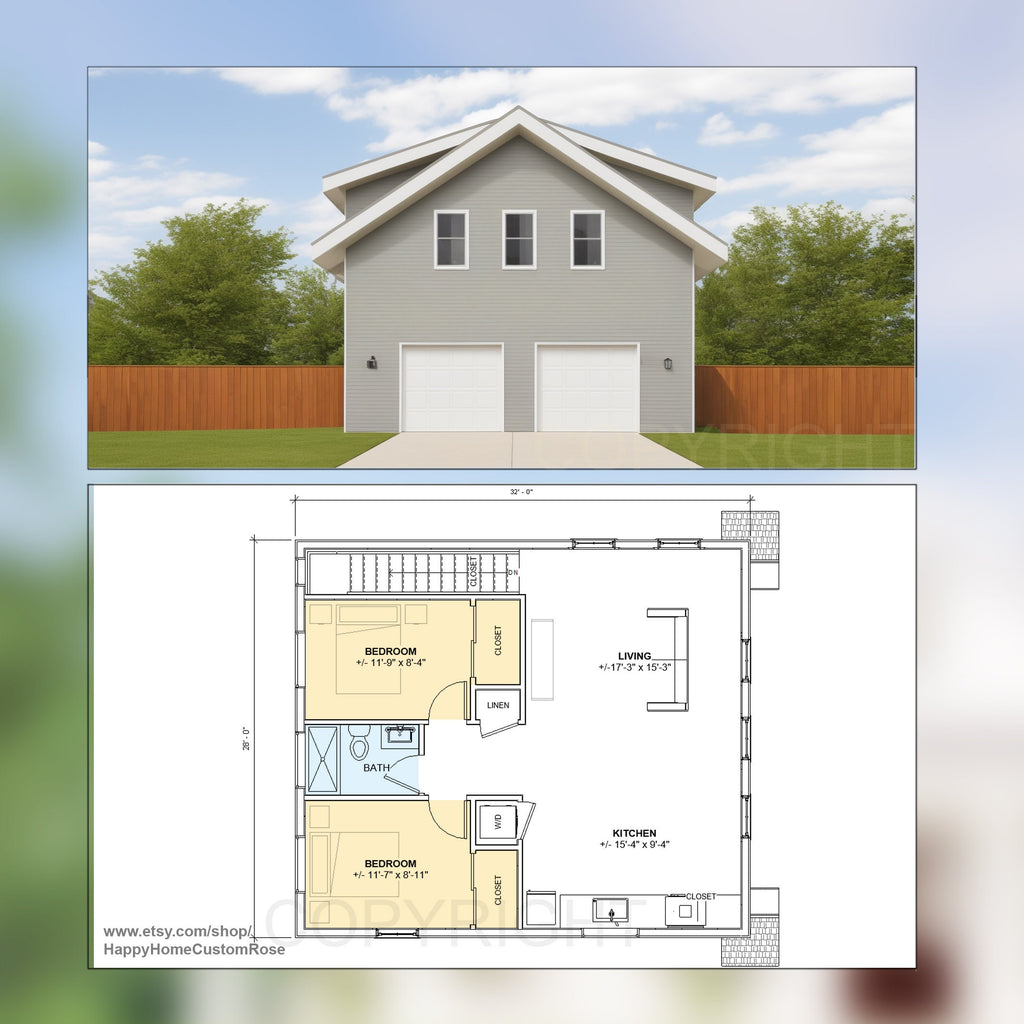 Two Car ADU Garage Apartment 28' x 32' - Architectural Plan with Elevations & Materials - Blueprint Digital PDF