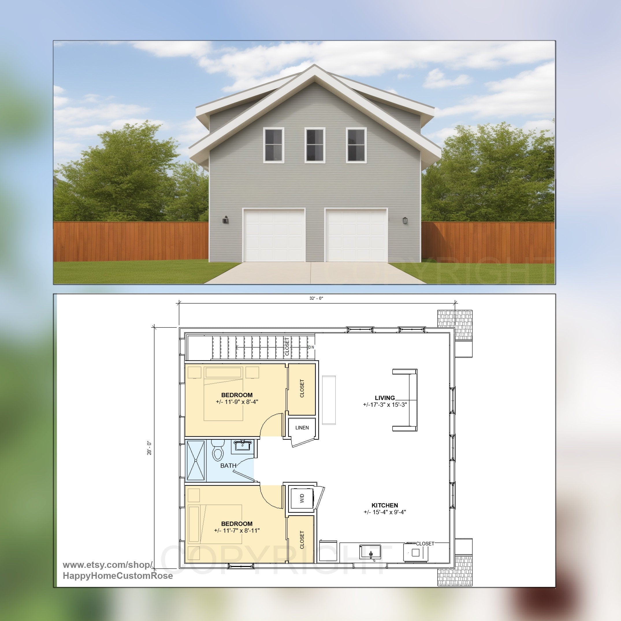 Two Car ADU Garage Apartment 28' x 32' - Architectural Plan with Elevations & Materials - Blueprint Digital PDF